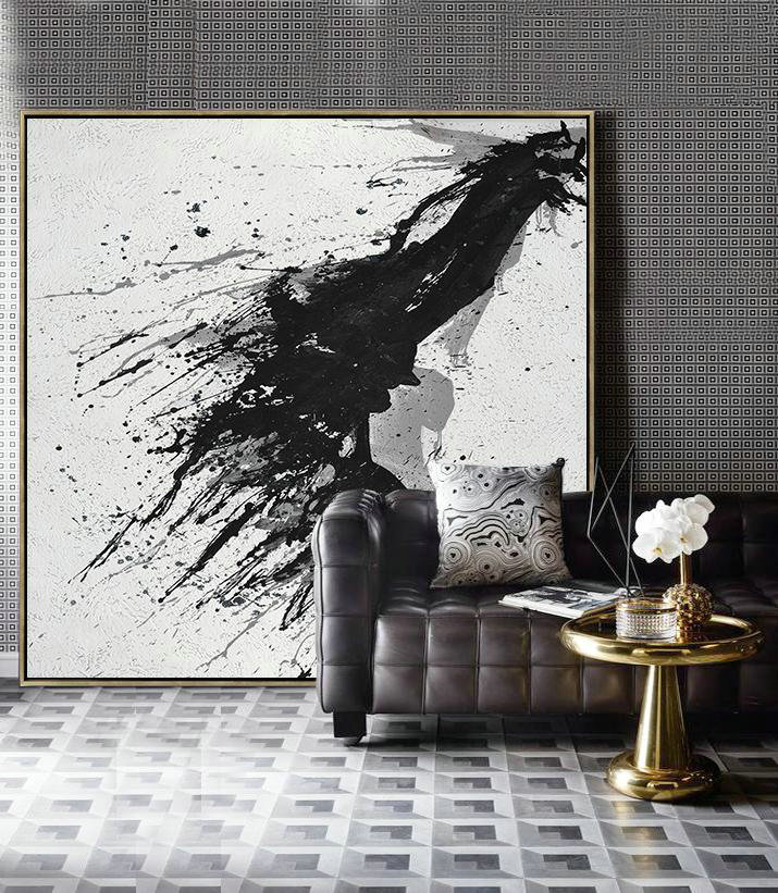 Large Contemporary Art Acrylic Painting,Minimalist Drip Painting On Canvas,  Black, White, Grey - Original Modern Art